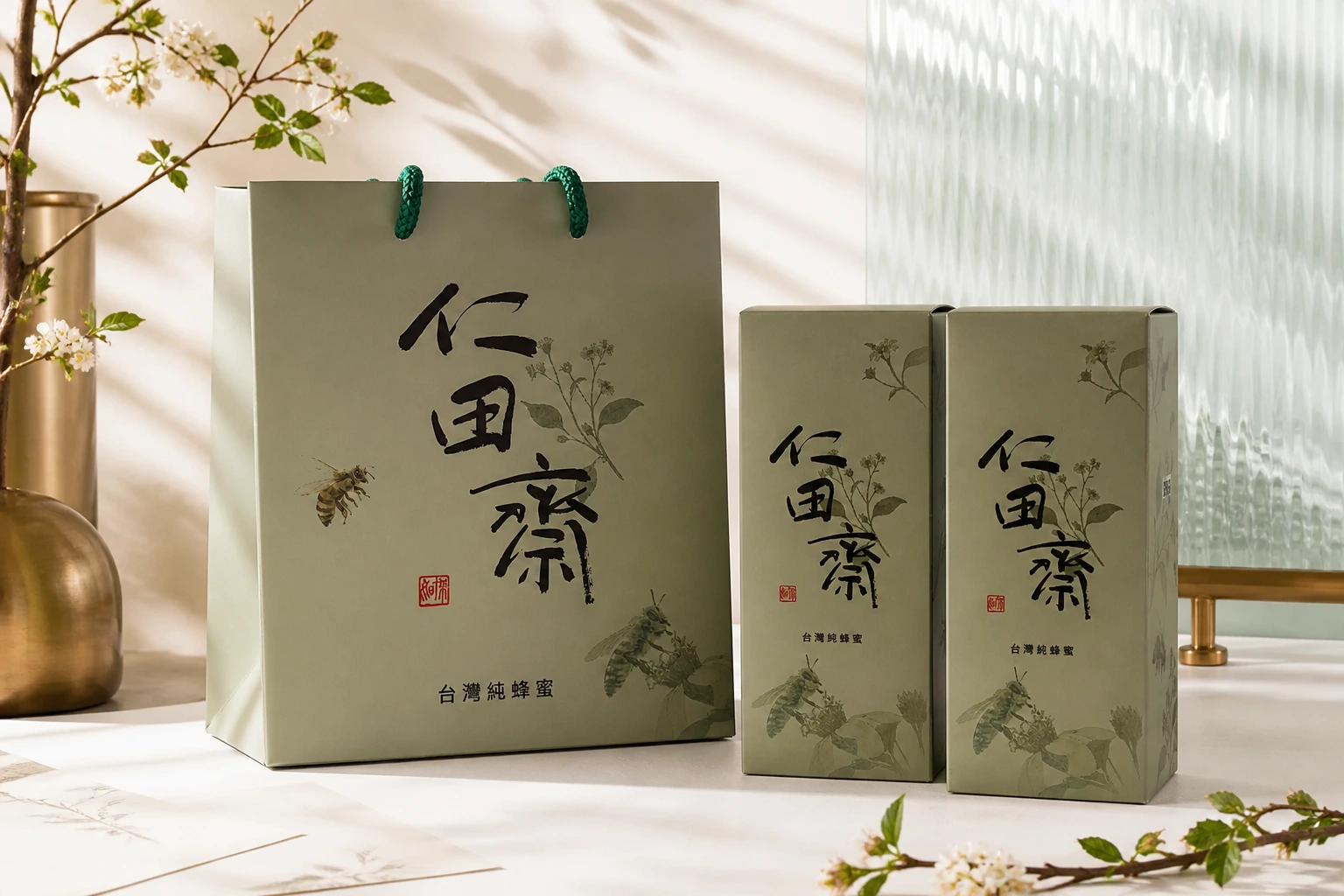 仁田齋農園綠色盒裝與提袋;700g 蜂蜜可搭配包裝需另行確認