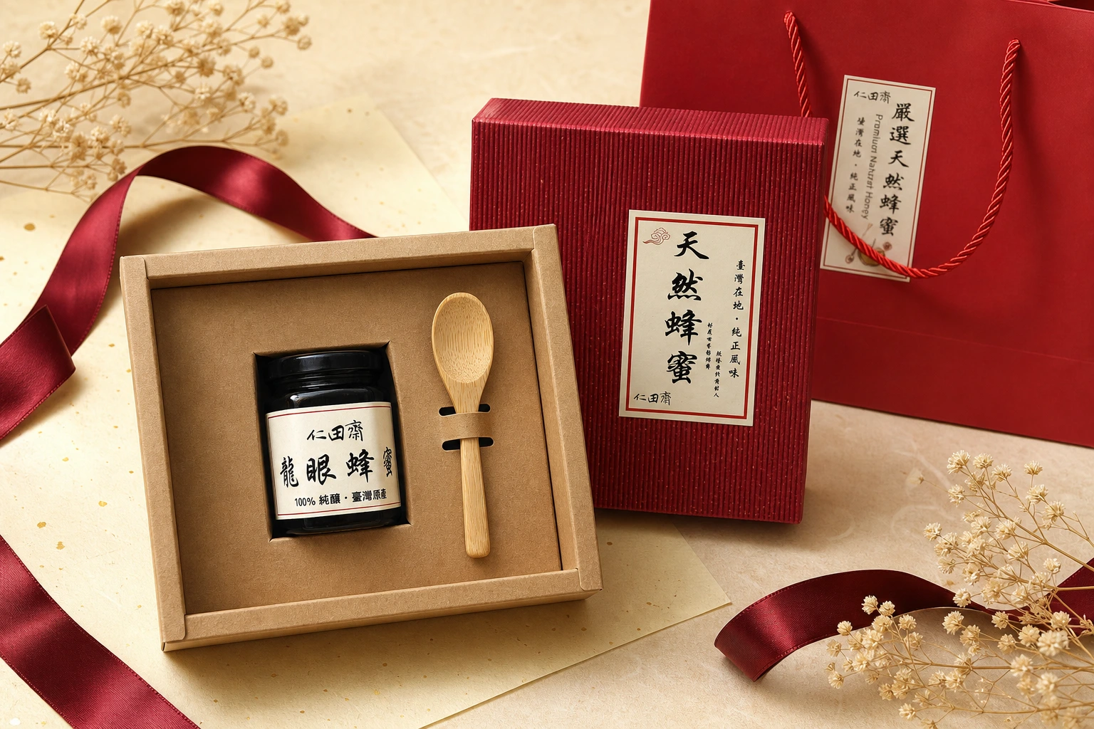 仁田齋農園 250g 單瓶蜂蜜禮盒與紅色提袋陳列;木匙為畫面道具