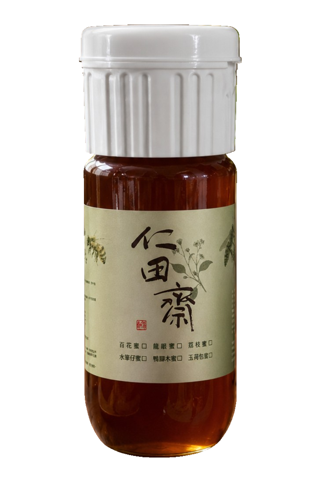 仁田齋龍眼蜜700g瓶裝展示，白色直紋瓶蓋與綠色品牌標籤，依品種標示